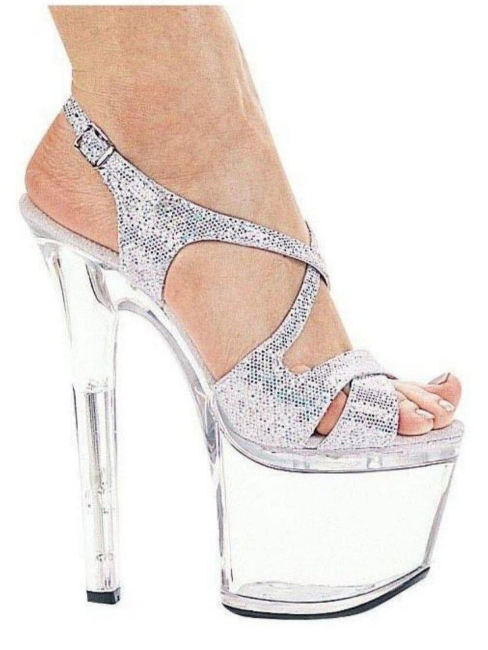 Ellie 711 Lance-G Silver Glitter Clear 7" Heel Platform Stripper Sandals, Sz 5